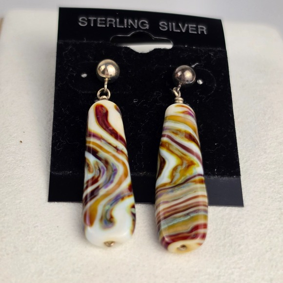 The Unbranded Brand Jewelry - New Sterling Silver Muti Color Banded Agate Dangle Earrings Striped Elongated‎